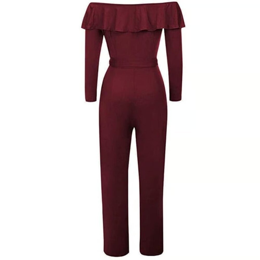 Burgundy Ruffled Overlay Off Shoulder Wide Leg Belted Jumpsuit Size L - Picture 5 of 9